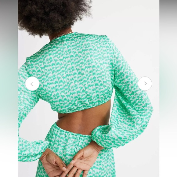 H&M Ballooned-Sleeve Green Print Cut-Out Crepe Dress - Picture 4 of 15